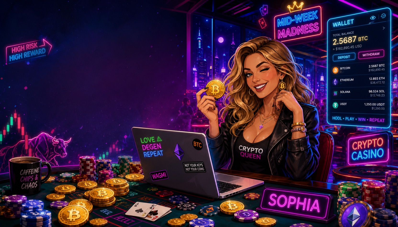 Sophia, our crypto casino blogger, in a glamorous neon-lit casino lounge